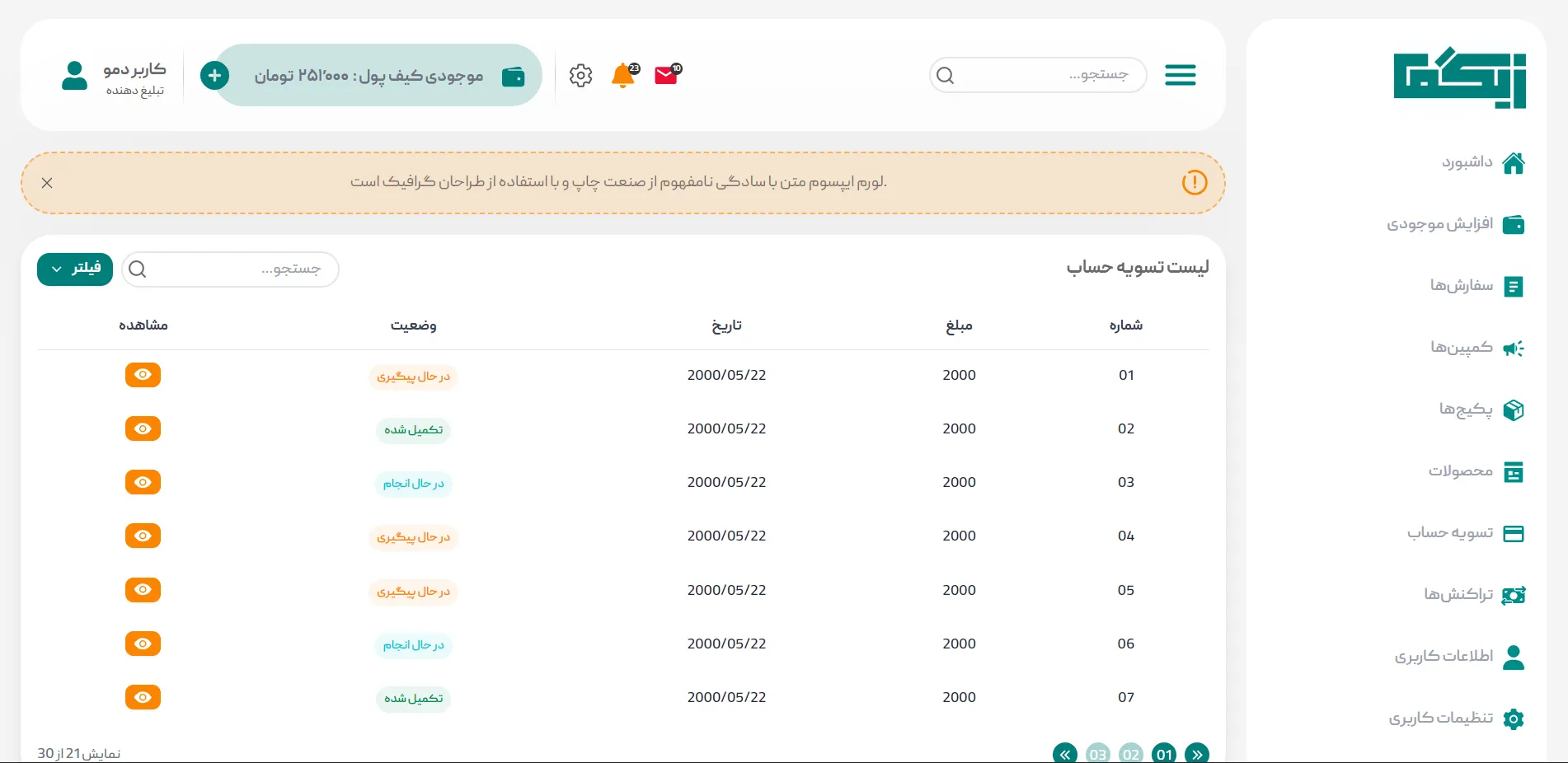 پیشنمایش مدیریت محصولات Provider